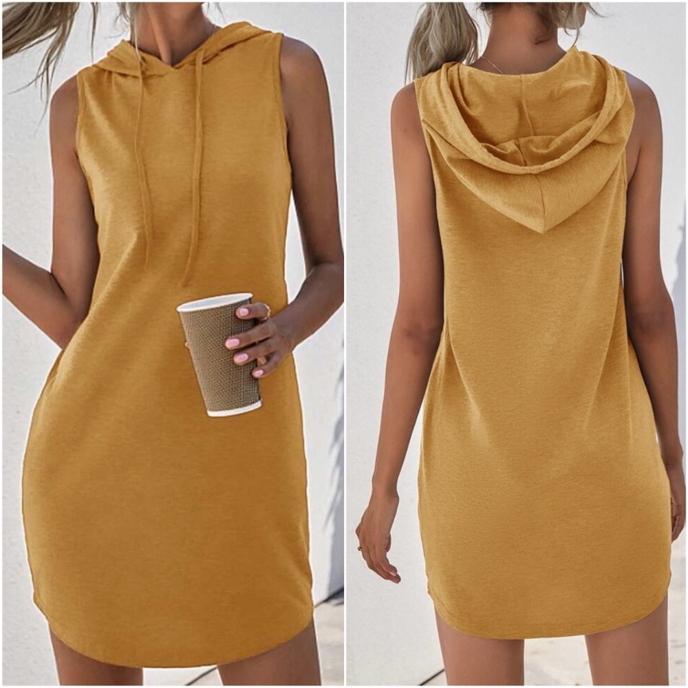 Casual Minimalist Sleeveless Hoodie Dress Mustard